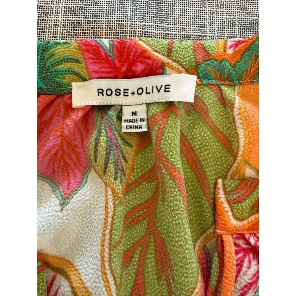 Rose Olive Tropical Sleeveless Blouse Womens Medium Tie Neck - Picture 3 of 9